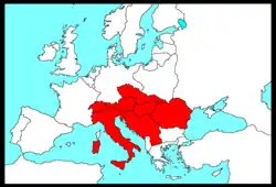 carte de l'Europe en blanc sur laquelle sont repérés les pays de la zone géographique Mitropa en rouge (couvrant l'Italie à  l'Europe centrale)