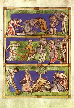 Fragment de Speculum Viriginum datant de la fin du XIIIe&nbsp;siècle ou du début du XIVe&nbsp;siècle. Illustration montrant dans une allégorie la "triple condition des femmes" : vierges, veuves et épouses.