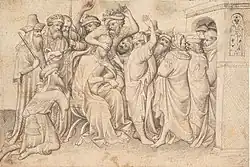 Dessin au trait noir avec le Christ assis entouré d'une quinzaine d'hommes debout le giflant ou le huant.