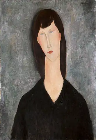 Peinture d'une femme aux cheveux bruns en noir sur fond gris