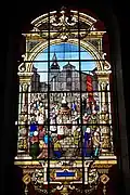 Église Saint-Mathurin, vitrail illustrant une procession en l'honneur de saint Mathurin.