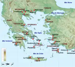 Les principaux sites archéologiques autour de la mer Égée durant la période mycénienne.