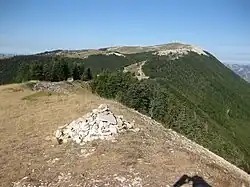 Panorama ciel bleu, monts de pierre et couverts de forêts vertes