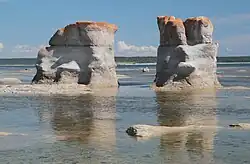 Deux rochers percés par l'érosion se dressent dans une eau peu profonde.
