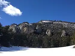 Monolithes en dolomie dans une forêt de pins à crochets dans la partie haute de la vallée à 1&nbsp;400&nbsp;m.