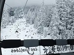 Photographie dans la télécabine d'Orelle (hiver 2022) avec la forêt enneigée autour, les câbles de cabines au-dessus.