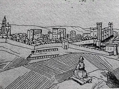 Illustration des remparts protégeant Mont-de-Marsan, d'après un plan établi par Joachim Duviert en 1612.