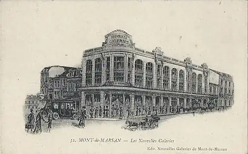 Carte postale publicitaire du magasin Les Nouvelles Galeries de Mont-de-Marsan, datée au verso du 21 février 1918.