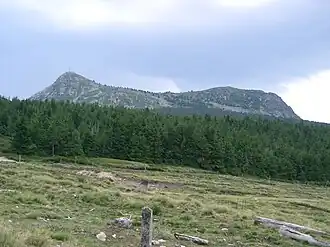 Vue des deux sommets du mont Mézenc : à gauche le sommet nord (1&nbsp;744&nbsp;m) et à droite le sommet sud (1&nbsp;753&nbsp;m)