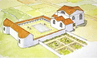 Aquarelle représentant un bâtiment avec salles multiples et grande cour