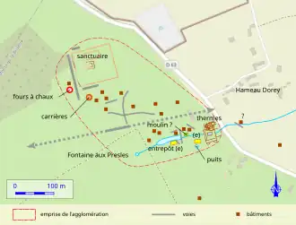Plan antique d'une ville reporté sur une carte moderne.