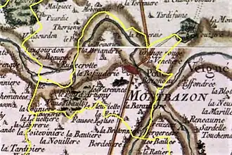 Extrait d'une carte ancienne en couleurs avec délimitation d'un territoire communal.