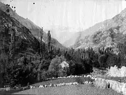 Le pic du Montcalm vu de la forge d'Auzat (cliché Eugène Trutat, 17 juillet 1882, bibliothèque de Toulouse).