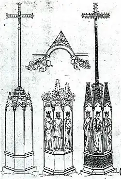 Reproduction d'une gravure montrant trois montjoies