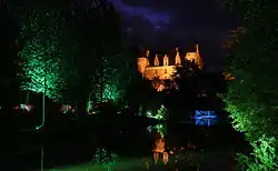 Photographie nocturne en couleurs de jeux de lumières sur la façade d'un château en arrière-plan d'une rivière bordée d'arbres.