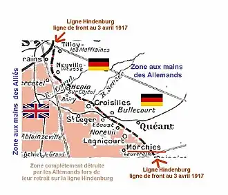Situation du village en avril 1917 dans la zone détruite, tout près de la ligne Hindenburg.
