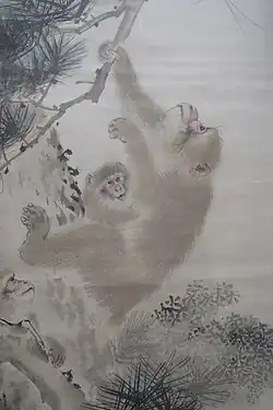 Singes dans les pins devant une cascade