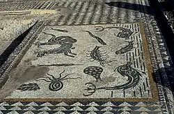 Mosaïque en noir et blanc représentant des monstres marins