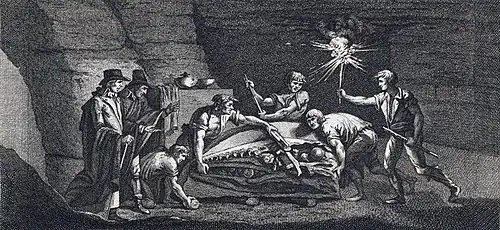 Gravure dépeignant des hommes exhumant un grand crâne fossile au sein d'une carrière.