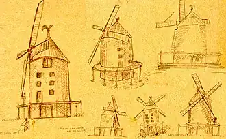 Hypothèse de restauration du Moulin à vent de la commune de Trois-Rivières, en 2003. Il avait une galerie circulaire et il n'avait pas de queue pour faire tourner le toit.