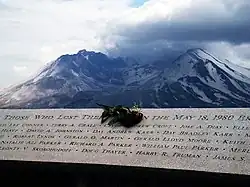 Photographie couleur d'un détail d'un mémorial avec le nom de Truman inscrit et la montagne en arrière-plan.