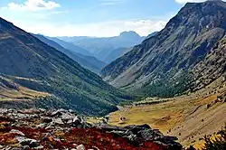 Vallée très encaissée, en V, vue d’en haut. Le versant de gauche est boisé, celui de droite rocheux. Petit lichen rouge au premier plan.