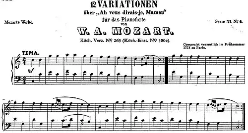 Partition du thème « Ah ! vous dirai-je, maman » de Mozart