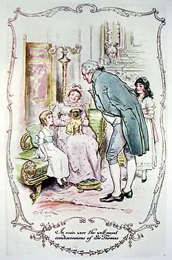 Un homme se penche vers une fillette assise près d'une dame sur un sofa