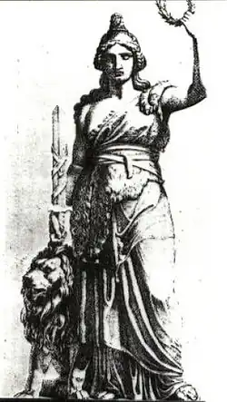 Schéma germanisé de Schwanthaler, le lion est aux pieds de la statue, l'épée est différente de sa forme finale.