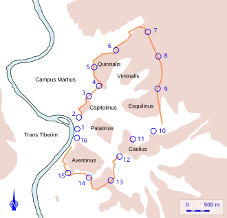 Carte en couleurs représentant la localisation des portes dans une enceinte de ville.