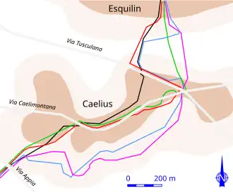 Plan représentant, par un jeu de couleurs différentes, les hypothèses de tracé d'une muraille de ville.