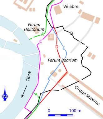 Plan représentant, par un jeu de couleurs différentes, les hypothèses de tracé d'une muraille de ville.