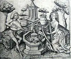 Maître E. S., Couple jouant de la musique autour d'une fontaine (L. 203)
