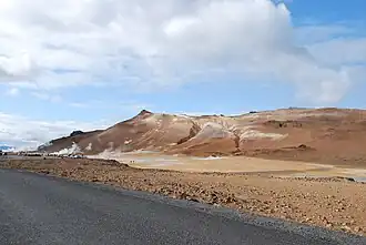 Vue de la Námafjall depuis le nord-ouest avec le site hydrothermal de Hverarönd à ses pieds.