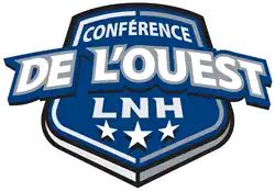 Logo de l'association de l'Ouest représentant un écusson bleu sur lequel est inscrit Conférence de l'Ouest LNH et 3 étoiles