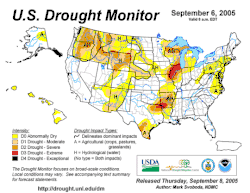 Aléa sécheresse (6 septembre 2005), en rouge, les zones de sécheresse exceptionnelles