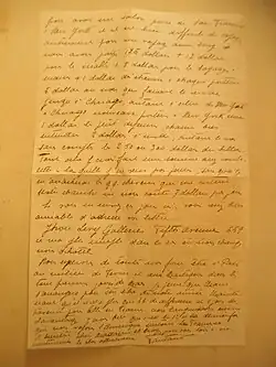 Lettre manuscrite avec en-tête d'un hôtel américain.