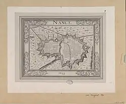 Plan de Nancy en 1633 d'après Anthoine de Fer (le bastion de Saurupt est en no&nbsp;16).