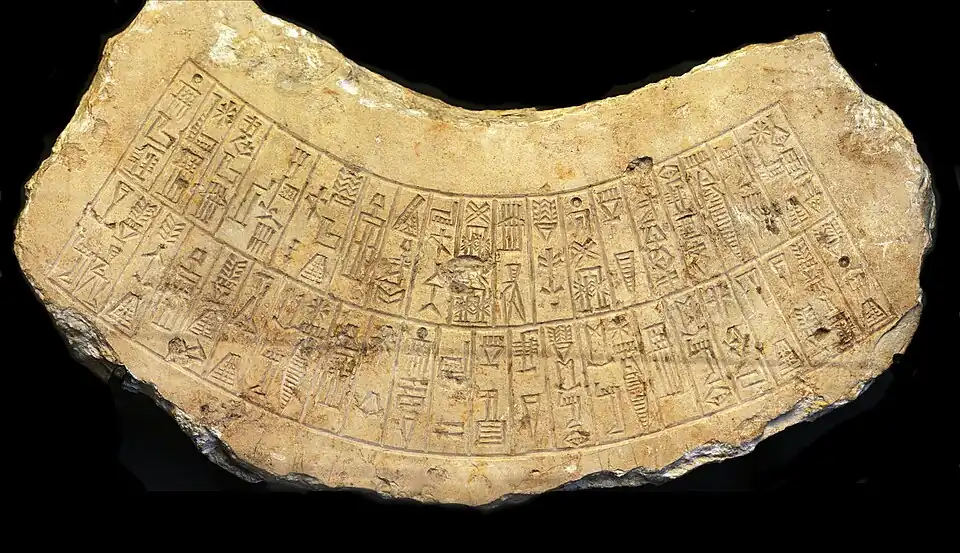 Inscription rapportant la reconstruction du temple de Marad par Lipit-Ili. Musée du Louvre. Traduction de l'inscription : « Naram-Sin, le fort, roi des quatre régions, vainqueur de neuf batailles en une année, après qu'il eut remporté ces batailles et qu'il eut capturé leurs trois rois et qu'il (les) eut fait comparaître devant Enlil, alors Lipit-ili, son fils, bâtit le temple de Lugal-Marada à Marad. Celui qui écartera cette inscription, que Shamash et Lugal-Marada arrachent sa racine et (lui) enlèvent sa descendance !,. »