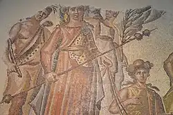 Mosaïque représentant Bacchus monté sur un char de triomphe, et entouré de ses compagnons.