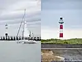 Voilier devant une jetée de Nieuport, phare de Nieuport.