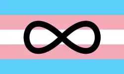 Symbole infini de la neurodiversité sur le fond bleu, rose et blanc du drapeau transgenre.