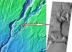 Image de droite vue partielle de Niger Vallis probablement creusée par l'eau puis recouverte plus tard par des dépôts riches en glace.
