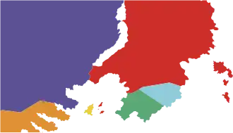 Carte géographique fictive, comportant quelques couleurs.