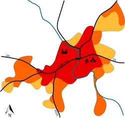 Carte en couleur représentant les étapes de développement du bâti du village de Noironte.