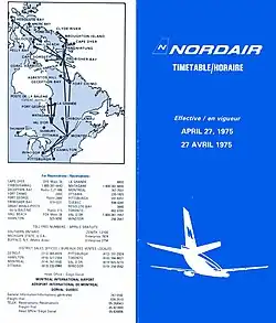 Couverture de l'horaire des vols de Nordair, en vigueur le 27 avril 1975.