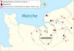 Carte montrant les statues, l'épigraphie et les animaux retrouvés liés au culte de Mercure