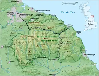 Carte du parc national des North York Moors avec les collines de Cleveland à l'ouest.