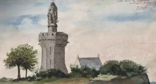 Peinture représentant une tour en pierre surplombée d’une statue et jouxtée par un arbre.