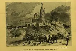 Gravure montrant une église sise sur une éminence ; sur ses flancs, des soldats manœuvrent des canons.